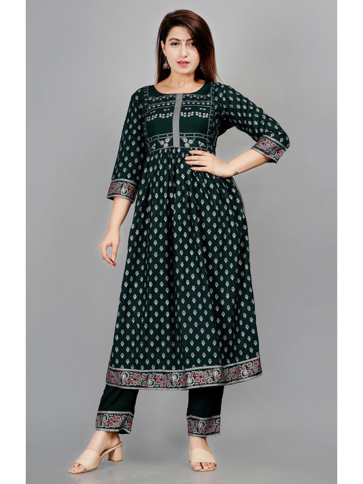     			Smien Rayon Printed Kurti With Pants Women's Stitched Salwar Suit - Green ( Pack of 1 )