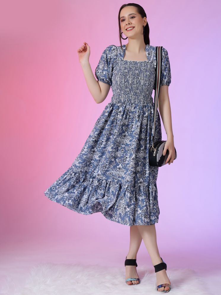     			Femvy Polyester Printed Knee Length Women's Fit & Flare Dress - Blue ( Pack of 1 )