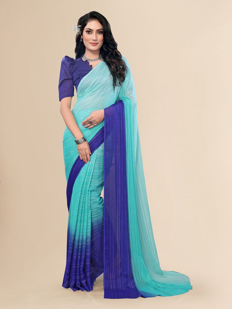     			ANAND SAREES Satin Striped Saree With Blouse Piece - Blue ( Pack of 1 )