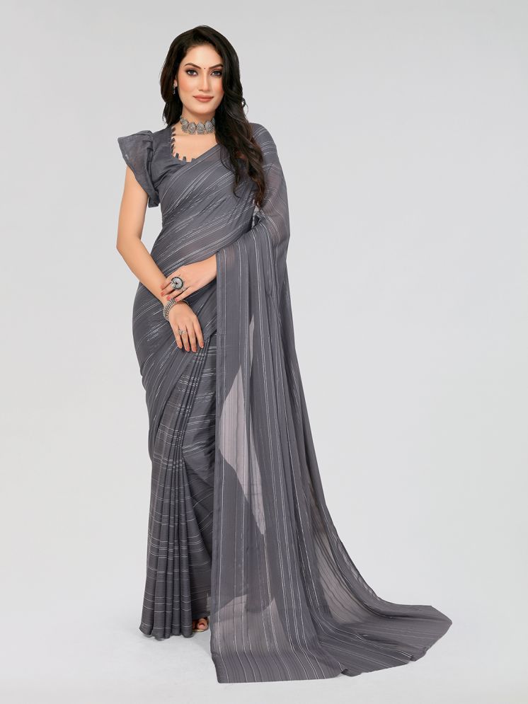     			ANAND SAREES Satin Striped Saree With Blouse Piece - Grey ( Pack of 1 )