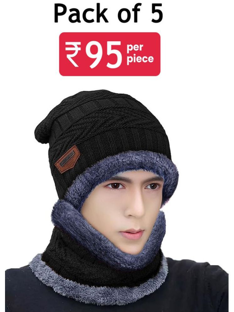     			Paryag Black Woollen Men's Cap ( Pack of 5 )