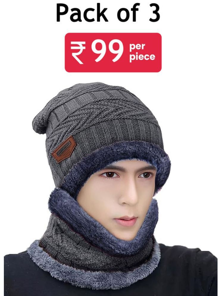     			Paryag Gray Woollen Men's Cap ( Pack of 3 )