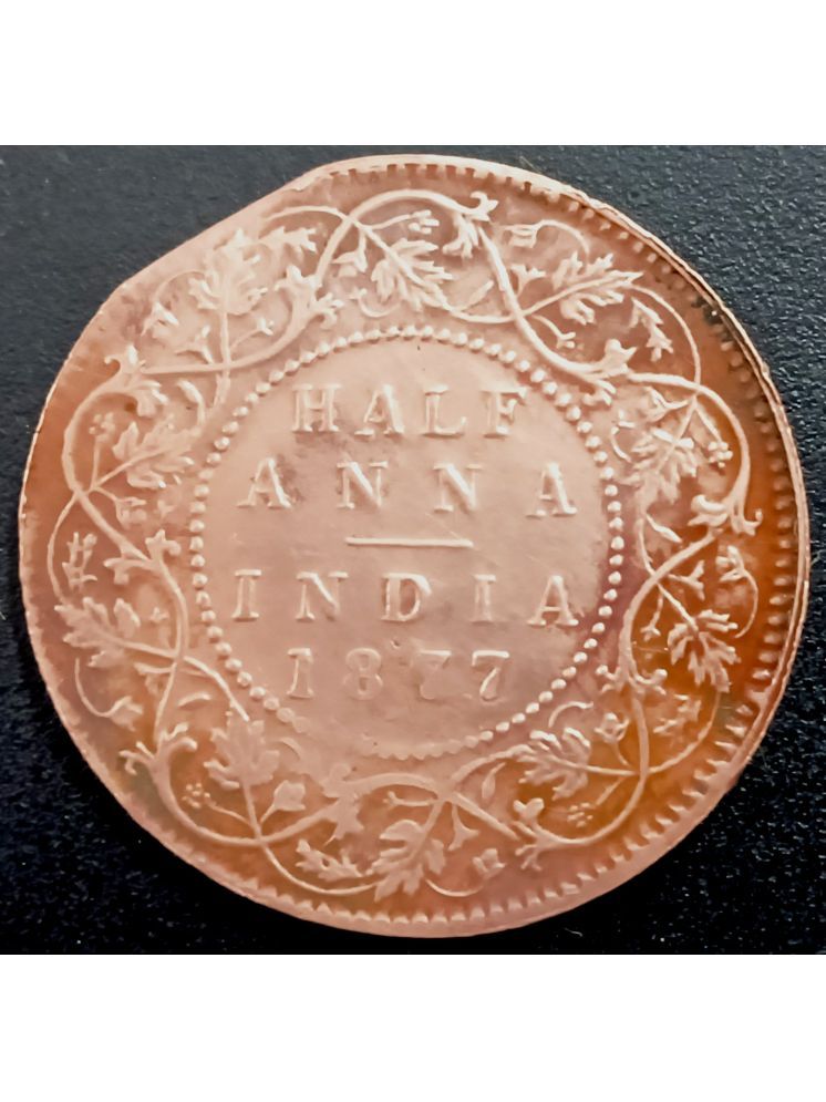     			Rare 1877 British India Victoria Queen Half Anna Copper Coin