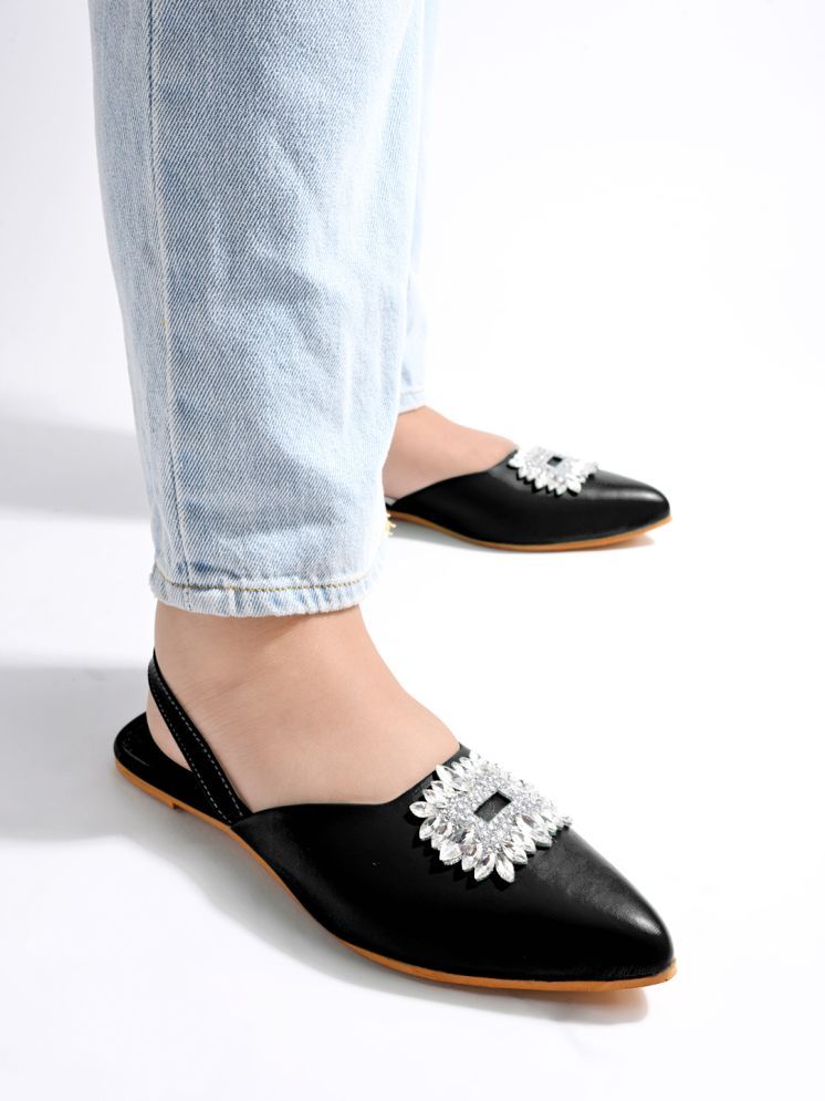     			Shoetopia Embellished Front Studded Buckle Black Mules for Girls