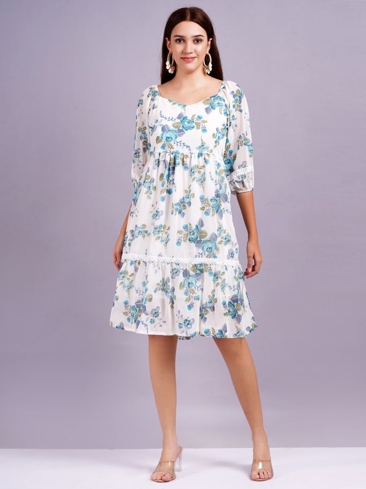     			HIGHLIGHT FASHION EXPORT Chiffon Printed Knee Length Women's Fit & Flare Dress - Blue ( Pack of 1 )