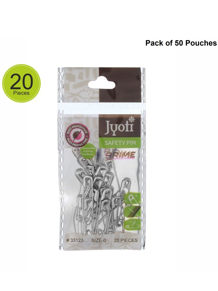     			Jyoti 33123 Safety Pins - Prime, Strong Nickel Plated Steel, Rust Resistant, Heavy Duty Variety Pack, Perfect for Clothes, Crafts, Sewing, Pinning (20x50-1000 Pins of Size 0 in a Pouch) - Pack of 50