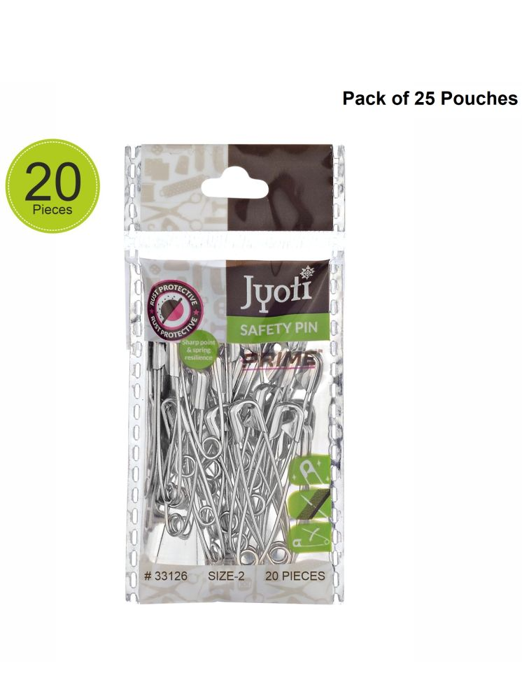     			Jyoti 33126 Safety Pins - Prime, Strong Nickel Plated Steel, Rust Resistant, Heavy Duty Variety Pack, Perfect for Clothes, Crafts, Sewing, Pinning (20x25-500 Pins of Size 2 in a Pouch) - Pack of 25