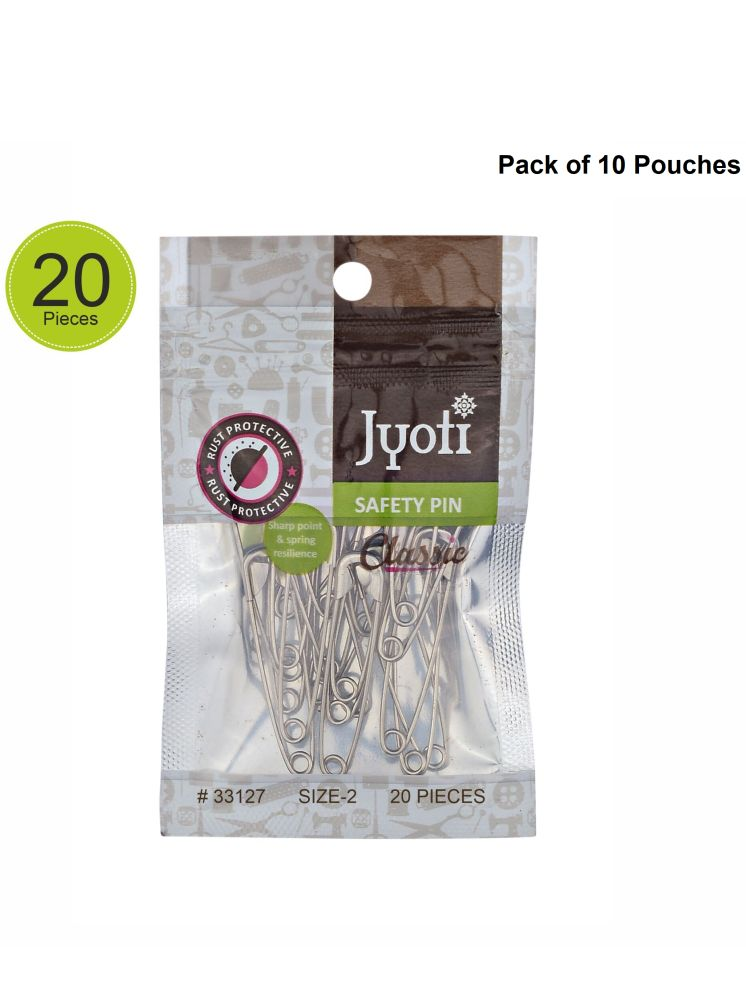     			Jyoti 33127 Safety Pins - Classic, Strong Nickel Plated Steel, Rust Resistant, Heavy Duty Variety Pack, Perfect for Clothes, Crafts, Sewing, (20x10-200 Pins of Size 2 in a Pouch) - Pack of 10