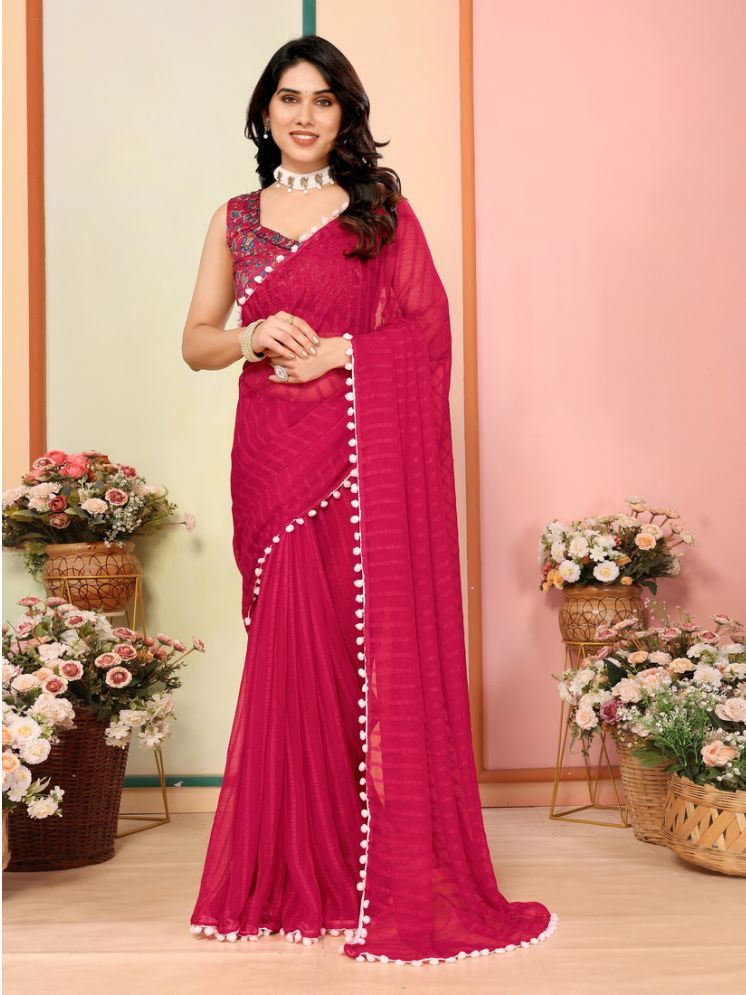     			KSNDV Trendz Georgette Striped Saree With Blouse Piece - Pink ( Pack of 1 )