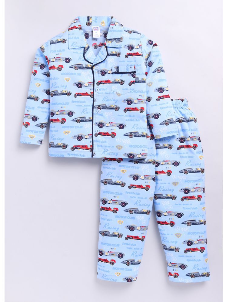     			Nottie Planet Cotton Car Print Full-Sleeve Tee With Pajama Set - Blue