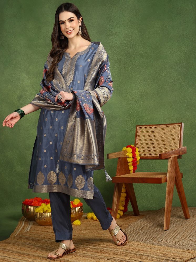     			Vaamsi Silk Blend Embellished Kurti With Pants Women's Stitched Salwar Suit - Blue ( Pack of 1 )