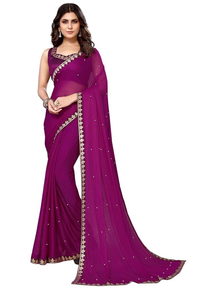     			Vkaran Lycra Embellished Saree With Blouse Piece - Purple ( Pack of 1 )