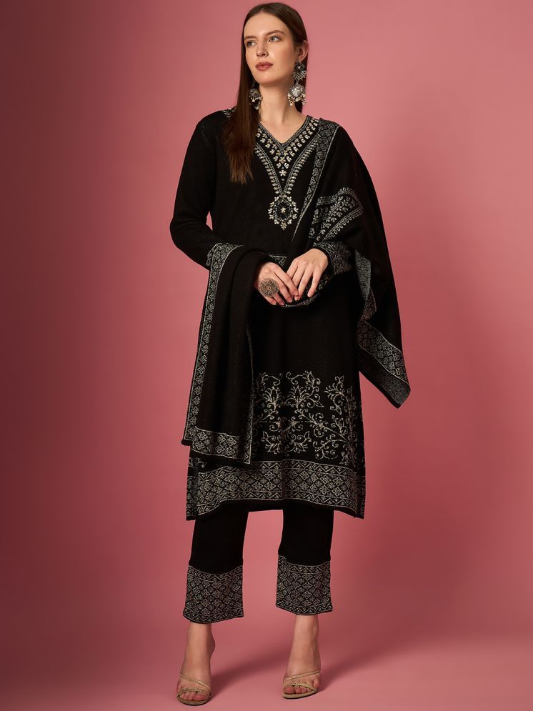     			Clapton Woollen Embroidered Kurti With Pants Women's Stitched Salwar Suit - Black ( Pack of 1 )