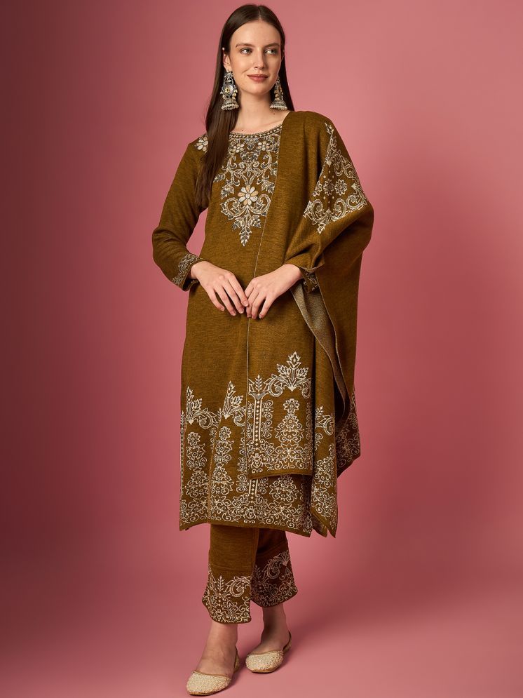     			Clapton Woollen Embroidered Kurti With Pants Women's Stitched Salwar Suit - Mustard ( Pack of 1 )