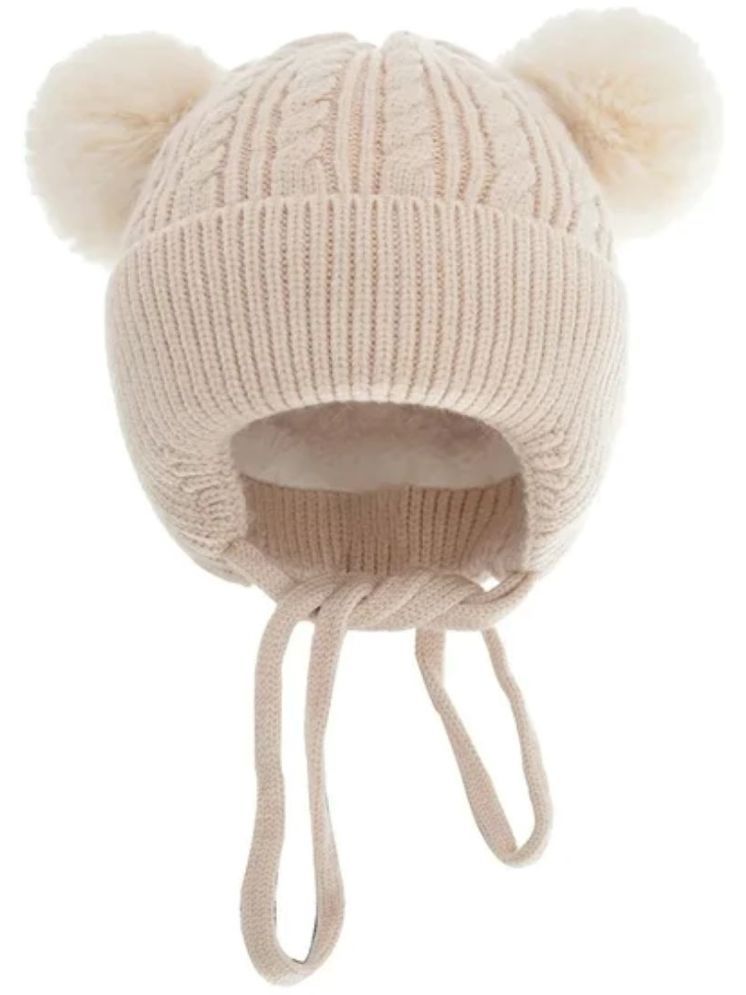     			INFISPACE Baby's Super Warm Winter Woolen Skull Beanie Cap with Fur Inside| Double Pompom Baby Hat (Age: 6 Months to 3 Years) BeigeColor