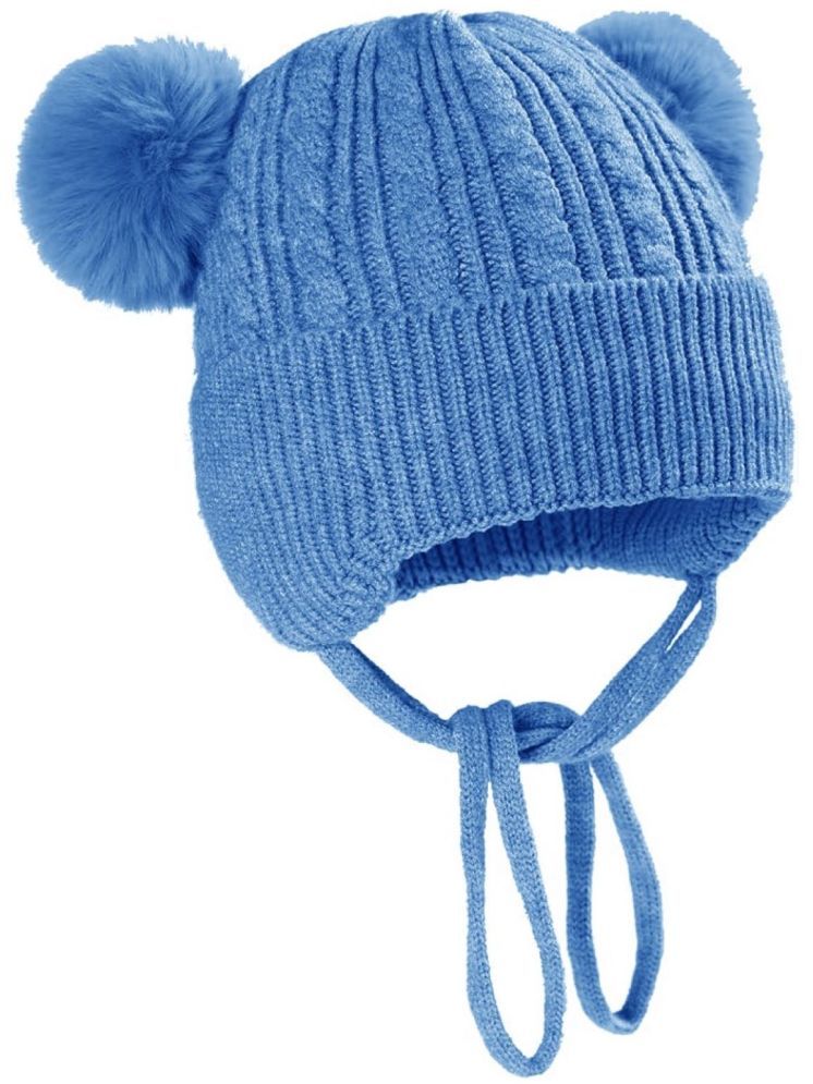     			INFISPACE Baby's Super Warm Winter Woolen Skull Beanie Cap with Fur Inside| Double Pompom Baby Hat (Age: 6 Months to 3 Years) BlueColor