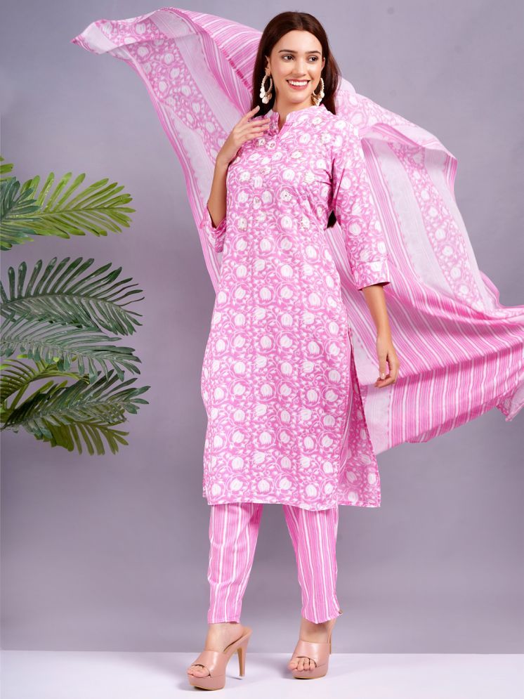     			JC4U Cotton Embellished Kurti With Pants Women's Stitched Salwar Suit - Pink ( Pack of 1 )