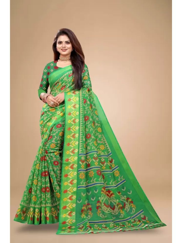     			Samai Cotton Silk Printed Saree With Blouse Piece - Green ( Pack of 1 )