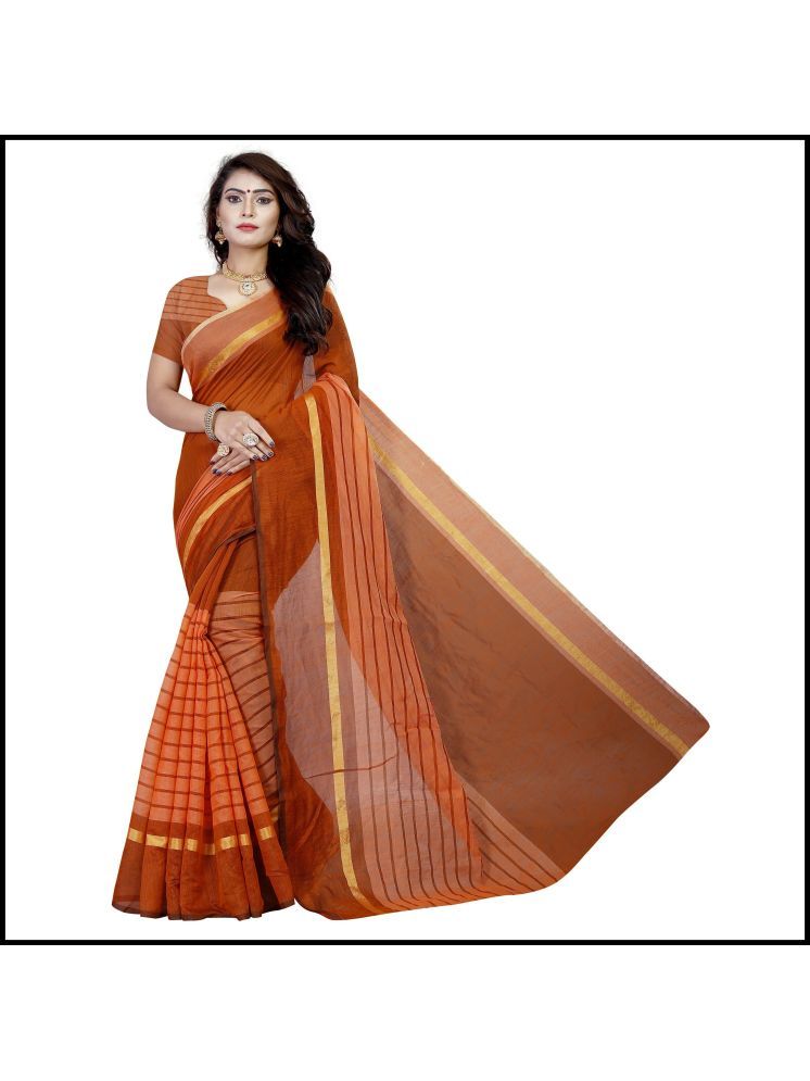     			Samai Cotton Silk Striped Saree With Blouse Piece - Orange ( Pack of 1 )