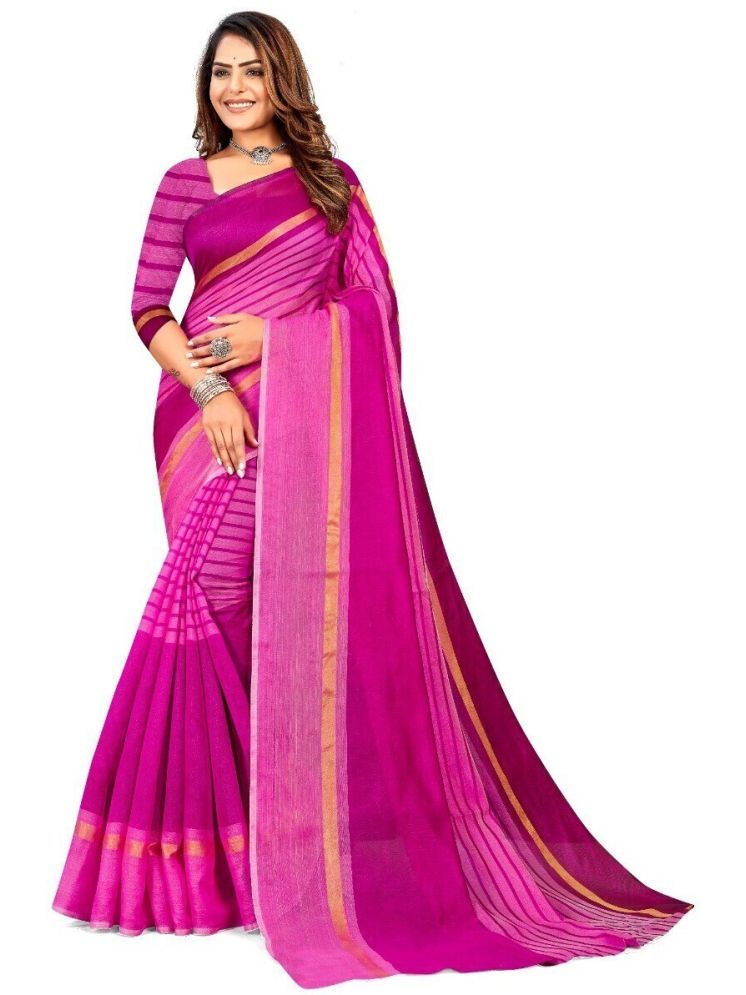     			Samai Cotton Silk Striped Saree With Blouse Piece - Pink ( Pack of 1 )