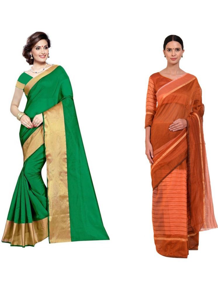     			Samai Cotton Silk Striped Saree With Blouse Piece - Multicolor ( Pack of 2 )