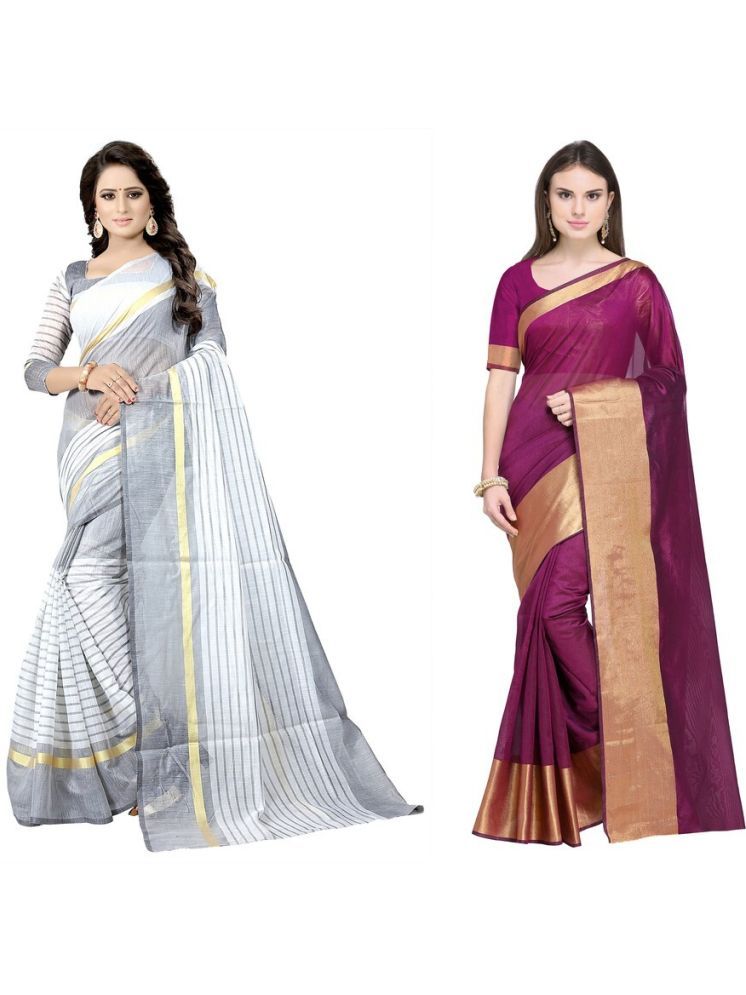     			Samai Cotton Silk Striped Saree With Blouse Piece - Multicolor7 ( Pack of 2 )