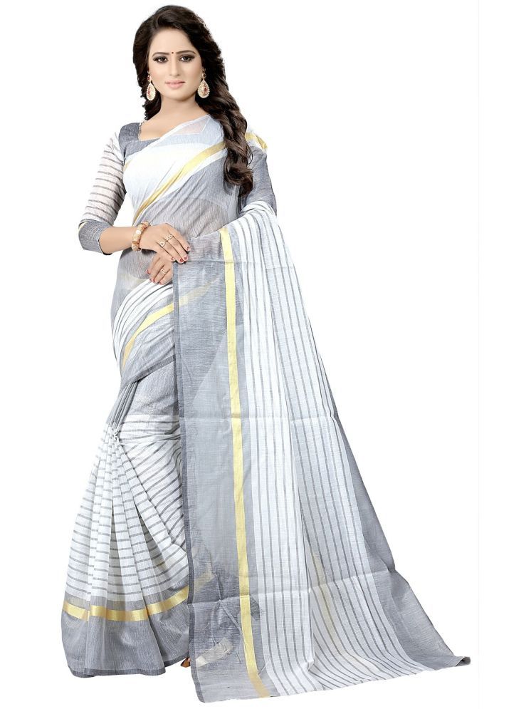     			Samai Cotton Silk Striped Saree With Blouse Piece - White ( Pack of 1 )