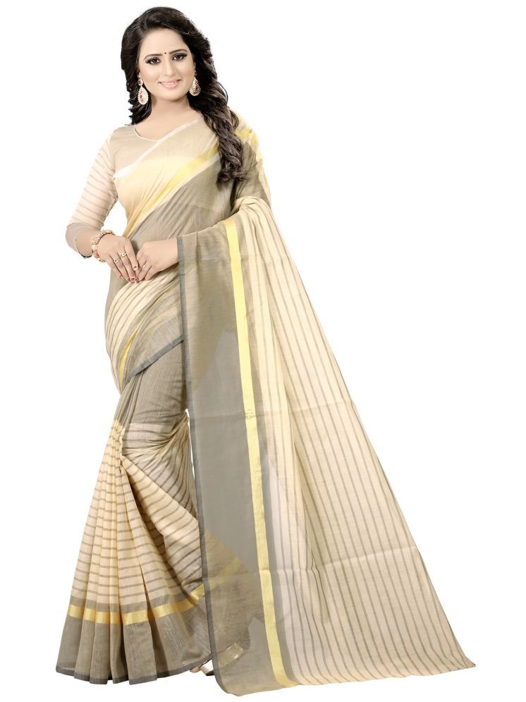     			Samai Cotton Silk Striped Saree With Blouse Piece - Cream ( Pack of 1 )