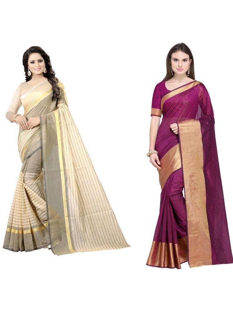     			Samai Cotton Silk Striped Saree With Blouse Piece - Multicolor3 ( Pack of 2 )