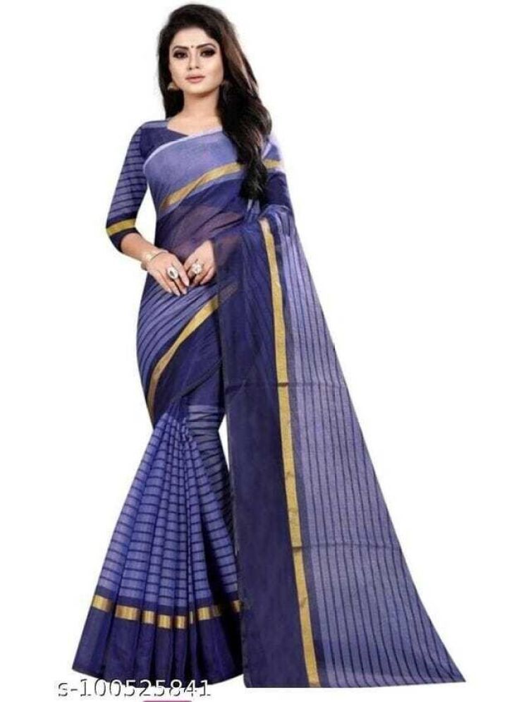     			Samai Cotton Silk Striped Saree With Blouse Piece - Light Blue ( Pack of 1 )