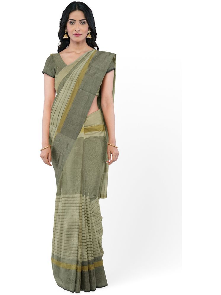     			Samai Cotton Silk Striped Saree With Blouse Piece - Light Grey ( Pack of 1 )