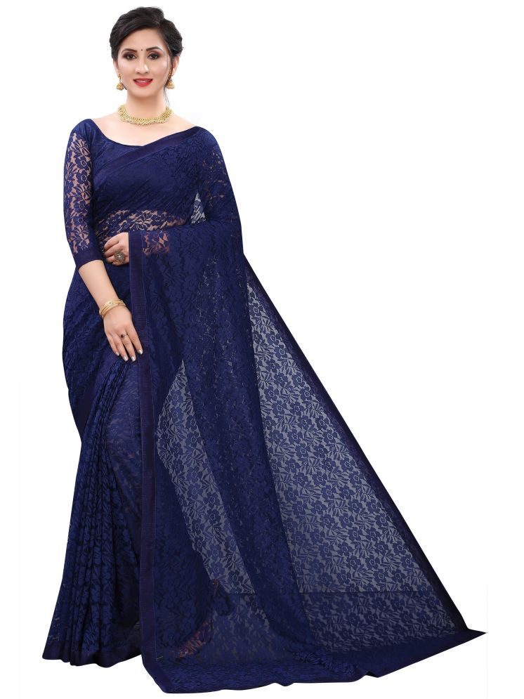     			Samai Net Self Design Saree Without Blouse Piece - Navy Blue ( Pack of 1 )