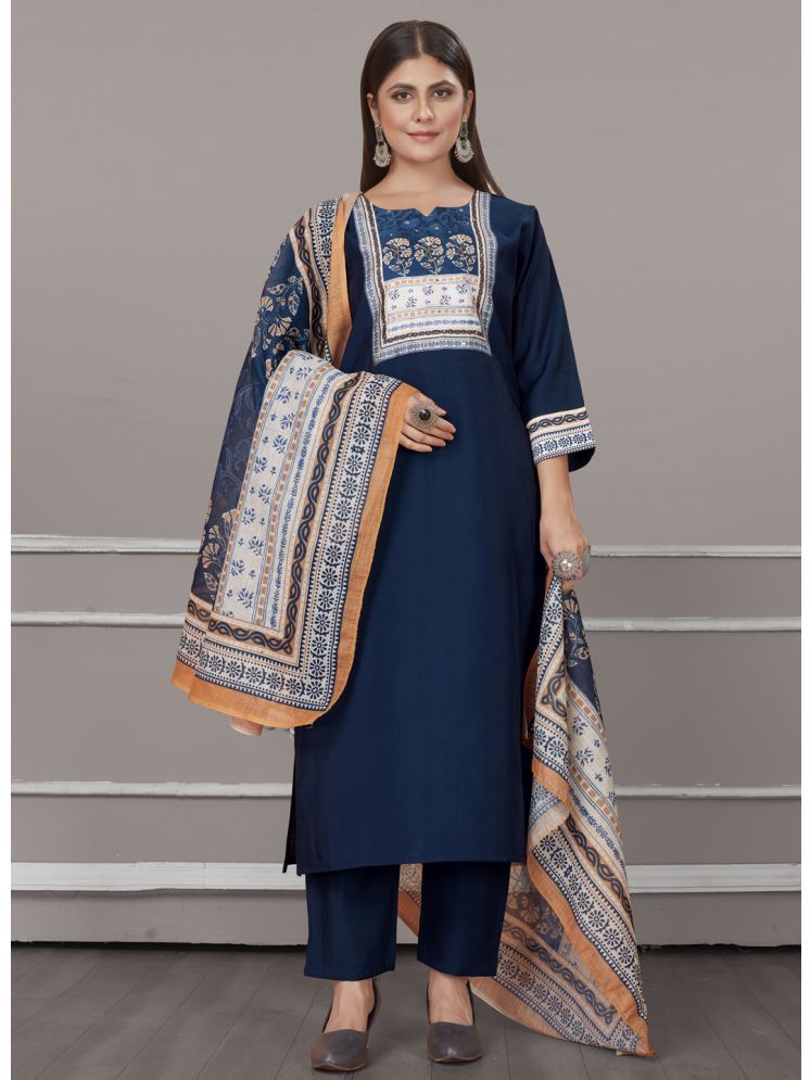     			Style Samsara Silk Printed Kurti With Pants Women's Stitched Salwar Suit - Indigo ( Pack of 1 )