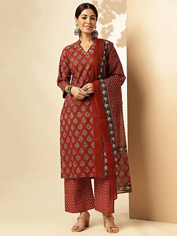     			Vbuyz Cotton Printed Kurti With Pants Women's Stitched Salwar Suit - Maroon ( Pack of 1 )