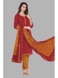 shree jeenmata collection Cotton Printed Kurti With Pants Women's Stitched Salwar Suit - Red ( Pack of 1 )