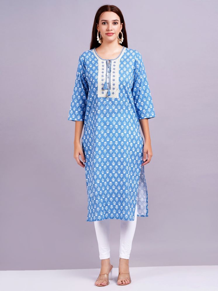     			HIGHLIGHT FASHION EXPORT Cotton Printed Straight Women's Kurti - Blue ( Pack of 1 )