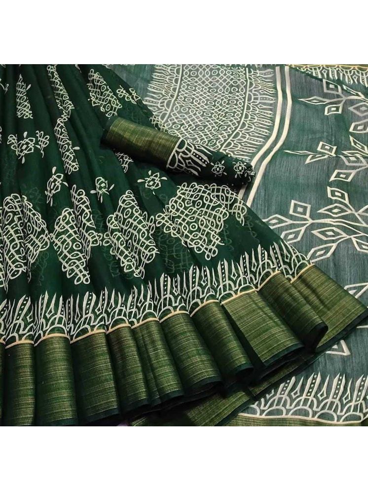     			Samai Cotton Silk Printed Saree With Blouse Piece - Green ( Pack of 1 )