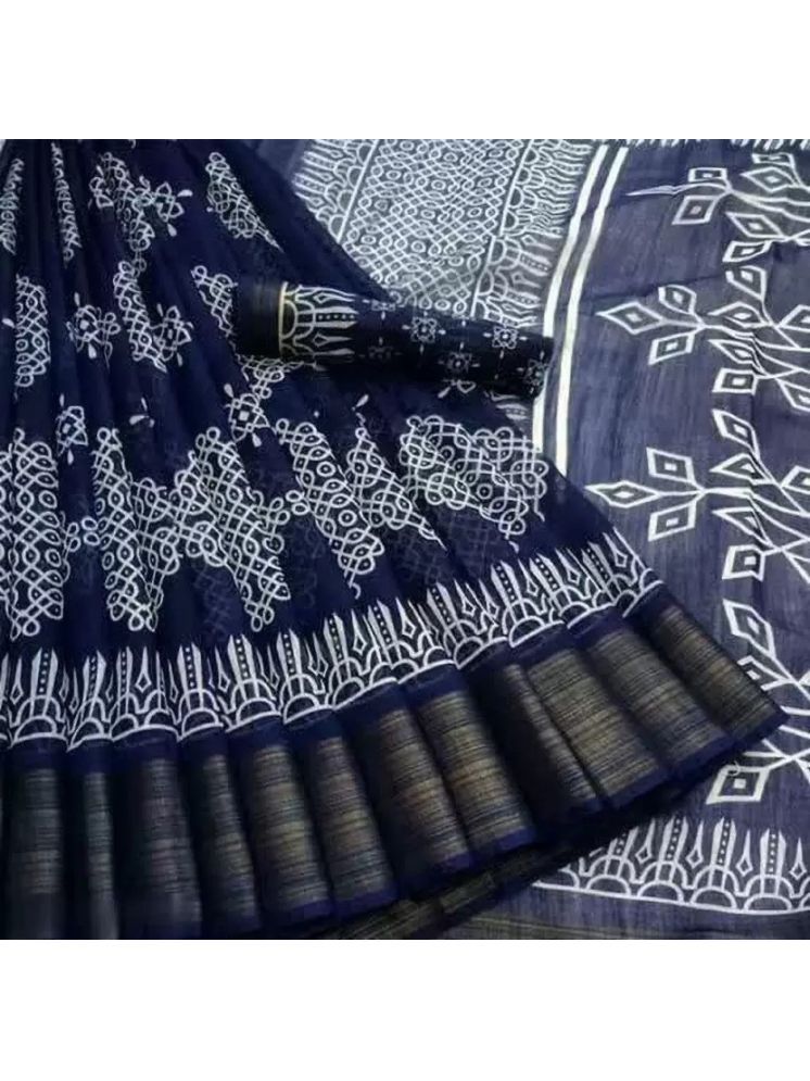     			Samai Cotton Silk Printed Saree With Blouse Piece - Navy Blue ( Pack of 1 )