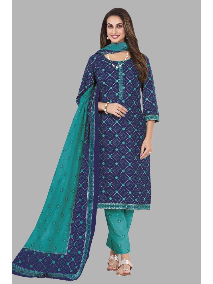     			shree jeenmata collection Cotton Printed Kurti With Pants Women's Stitched Salwar Suit - Blue ( Pack of 1 )