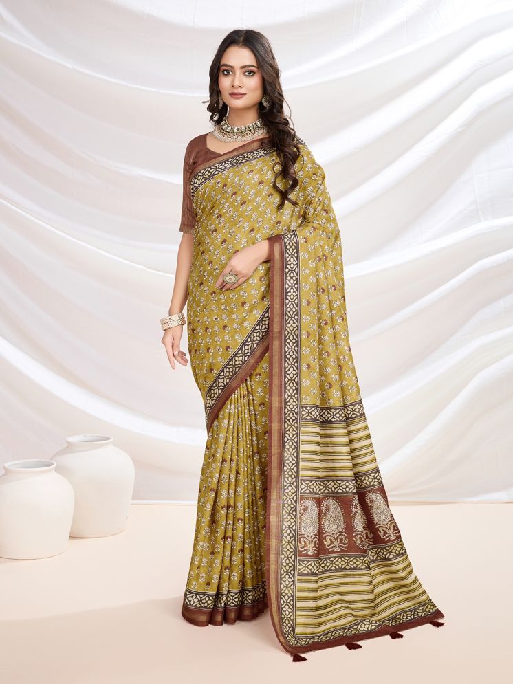     			Rekha Maniyar Cotton Blend Printed Saree With Blouse Piece - Yellow ( Pack of 1 )